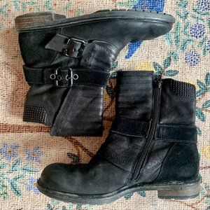 Paul Green Black Leather Mid Calf Moto Boots with buckle EUC